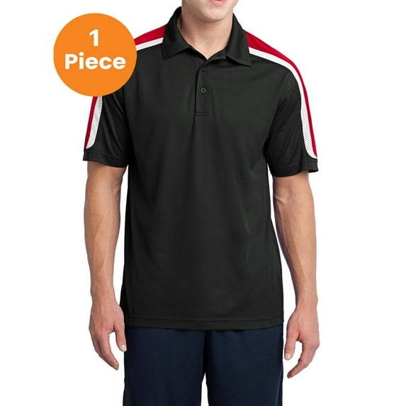 Sport-Tek ST658 Tricolor Shoulder Micropique Sport-Wick Polo, Black/True Red/White, 4XL, Mens Polo Shirts