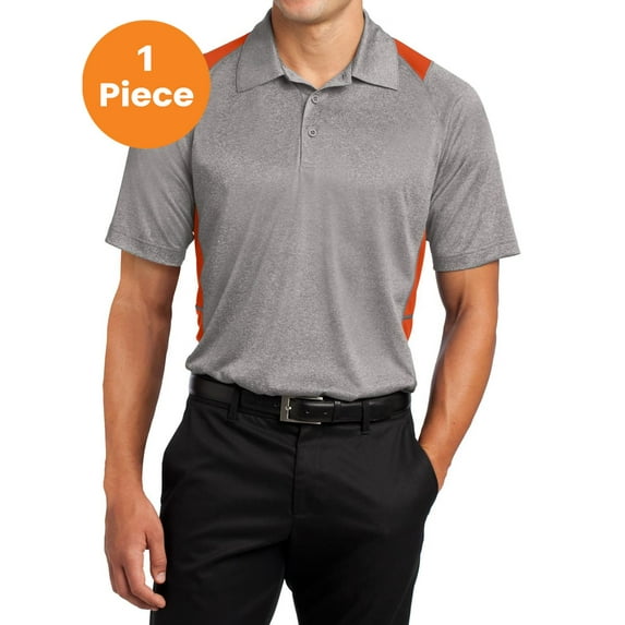 Sport-Tek ST665 Heather Colorblock Contender Polo, Vintage Heather/ Deep Orange, M, Mens Polo Shirts