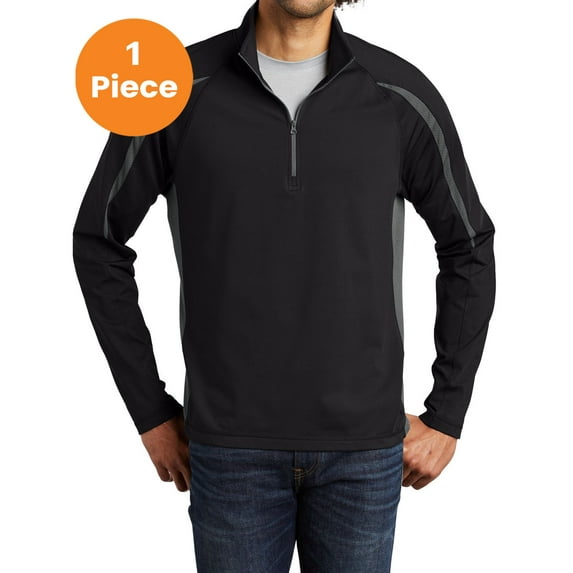 Sport-Tek ST851 Sport-Wick Stretch 1/2-Zip Colorblock Pullover, Black/ Charcoal Grey, S, Mens Pullover Sweaters