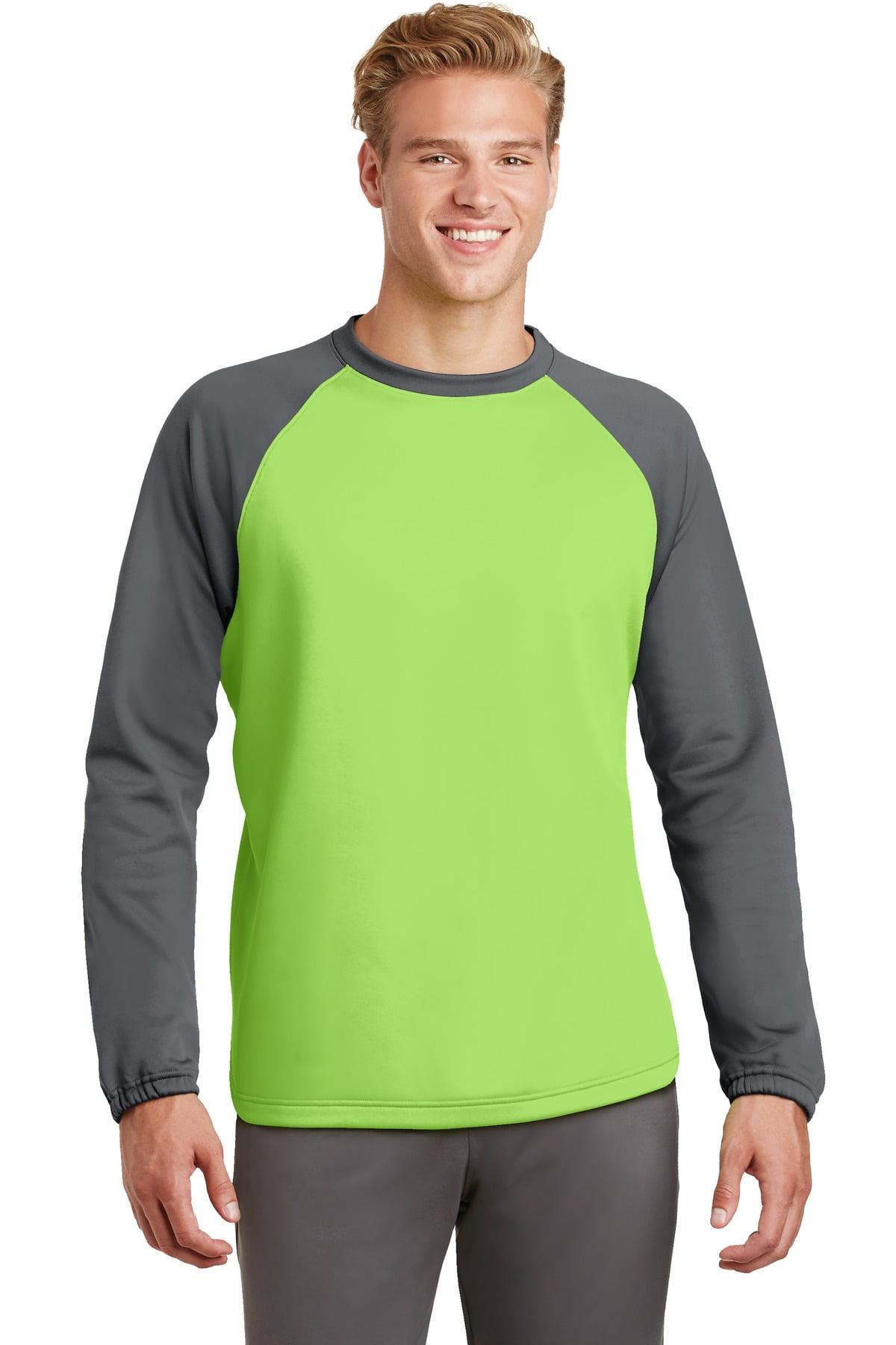 Sport-Tek Sport Wick Raglan Colorblock Fleece Crewneck-L (Lime Shock ...