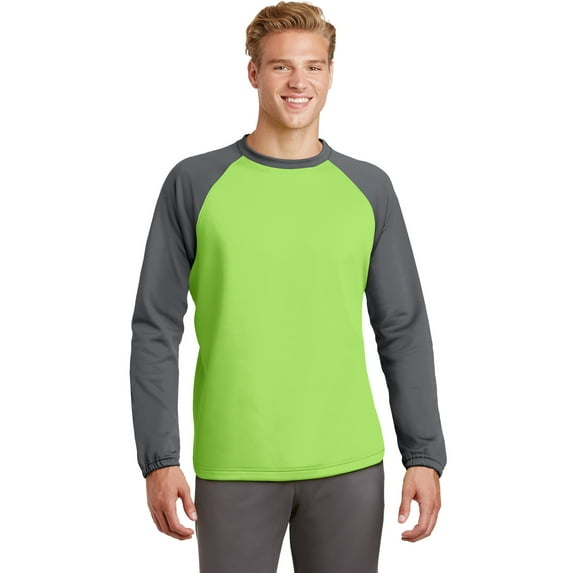 Sport-Tek Sport Wick Raglan Colorblock Fleece Crewneck-L (Lime Shock/ Dark Smoke Grey)