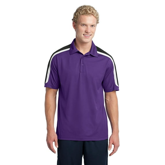 Sport-Tek ST658 Tricolor Shoulder Micropique Sport-Wick Polo, Purple/Black/White, 3XL