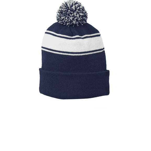 Sport-Tek Stripe Pom Pom Beanie-One Size (True Navy/ White)