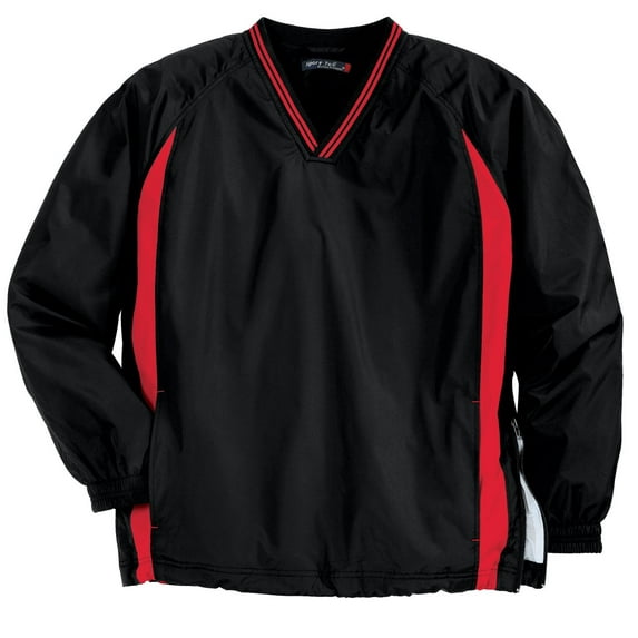 Sport-Tek TJST62 Mens Tipped V-Neck Raglan Wind Shirt, Black & True Red - Large Tall