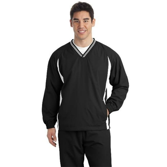 Sport-Tek TJST62 Mens Tipped V-Neck Raglan Wind Shirt, Black & White - Large Tall