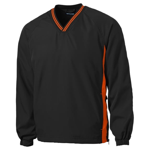 Sport-Tek TJST62 Tipped V Neck Raglan Wind Shirt, Black & Deep Orange - Extra Large Tall