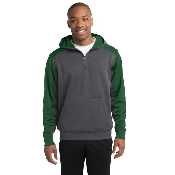 Sport-Tek Tech Fleece Colorblock 1/4 Zip Hooded Sweatshirt-S (Graphite Heather/ Forest Green)