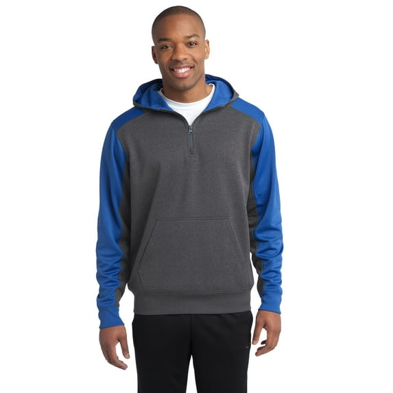 Sport-Tek Tech Fleece Colorblock 1/4 Zip Hooded Sweatshirt-XS (Graphite Heather/ True Royal)