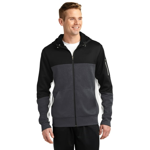 Sport-Tek Tech Fleece Colorblock Full Zip Hooded Jacket-XS (Black/ Graphite Heather/ White)