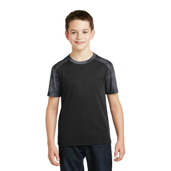 Sport Tek Teen Unisex Regular CamoHex Colorblock T-Shirt Black/Iron Gry Medium