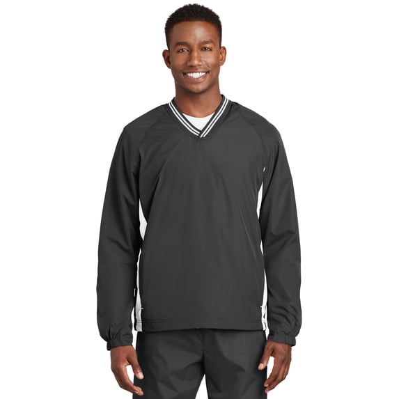Sport-Tek Tipped V Neck Raglan Wind Shirt-2XL (Graphite Grey/ White)