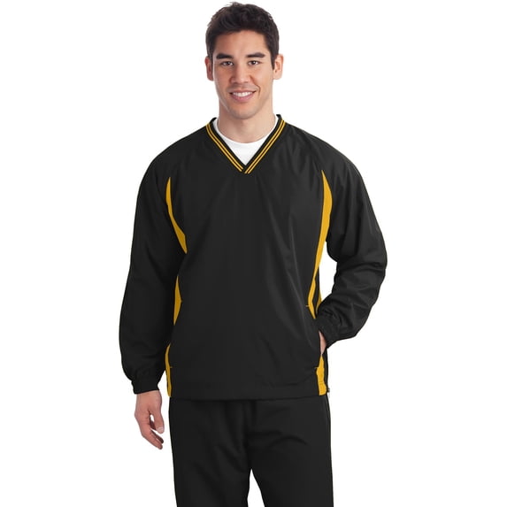 Sport-Tek Tipped V-Neck Raglan Wind Shirt (JST62) Black/Gold, 3XL
