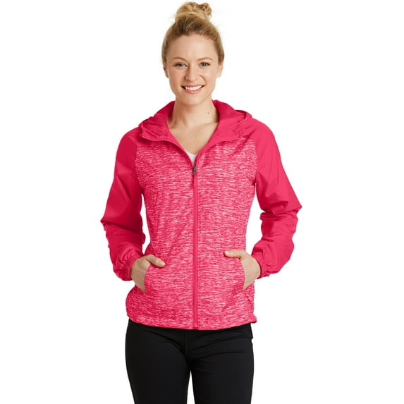 Sport-Tek Women's Heather Colorblock Raglan Hooded Wind Jacket. LST40