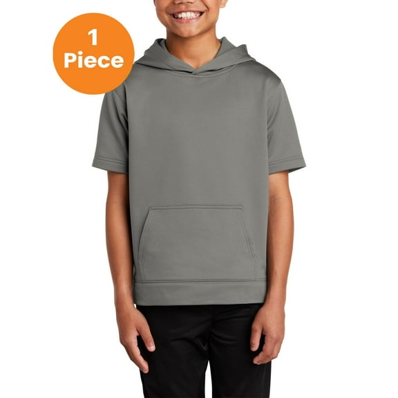 Sport-Tek YST251 Youth Sport-Wick Fleece Short Sleeve Hooded Pullover, Dark Smoke Grey, M, Boys Hiking Clothing
