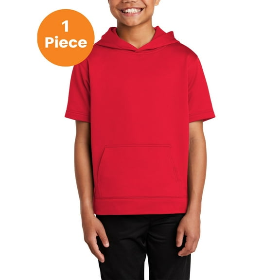 Sport-Tek YST251 Youth Sport-Wick Fleece Short Sleeve Hooded Pullover, Deep Red, S, Shorts