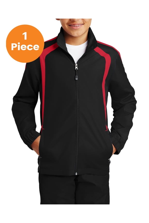 YST60 Youth Colorblock Raglan Jacket , Black/True Red, XS, Boys Coats and Jackets
