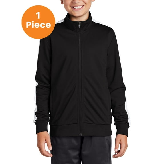Sport-Tek YST94 Youth Full-Zip Tricot Track Jacket , Black/ White, L, Shop all kids