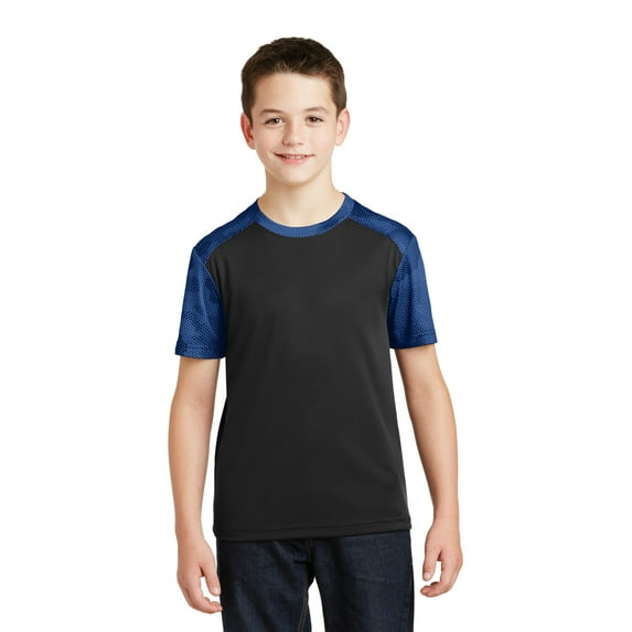 Sport-Tek Youth CamoHex Colorblock Tee-S (Black/ True Royal)