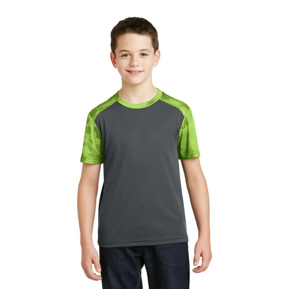 Sport-Tek Youth CamoHex Colorblock Tee-XL (Iron Grey/ Lime Shock)