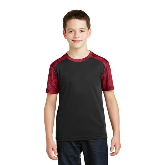 Sport-Tek Youth CamoHex Colorblock Tee-XS (Black/ Deep Red)