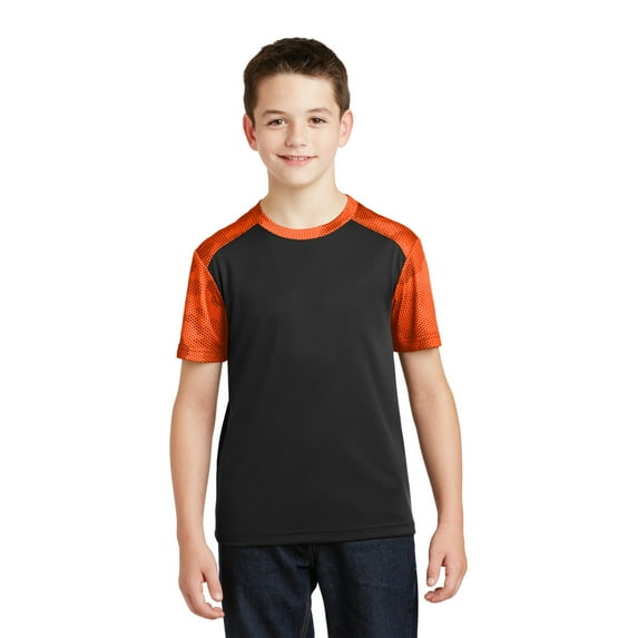 Sport-Tek Youth CamoHex Colorblock Tee-XS (Black/ Neon Orange)