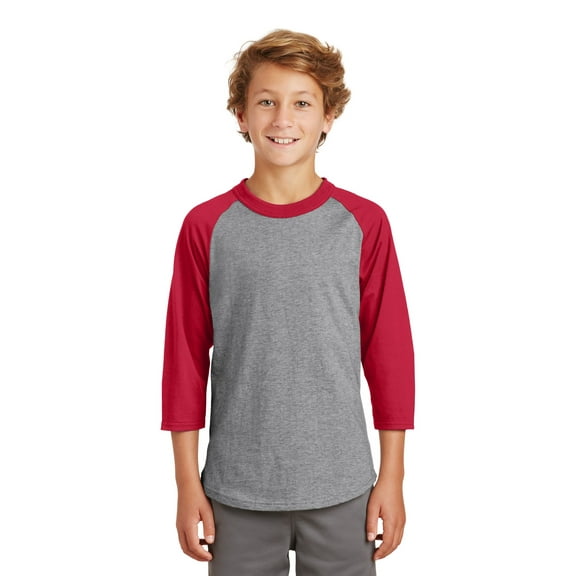 Sport-Tek Youth Colorblock Raglan Jersey-S (Heather Grey/Red)