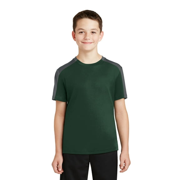 Sport-Tek Youth PosiCharge Competitor Sleeve Blocked Tee-L (Forest Green/ Iron Grey)