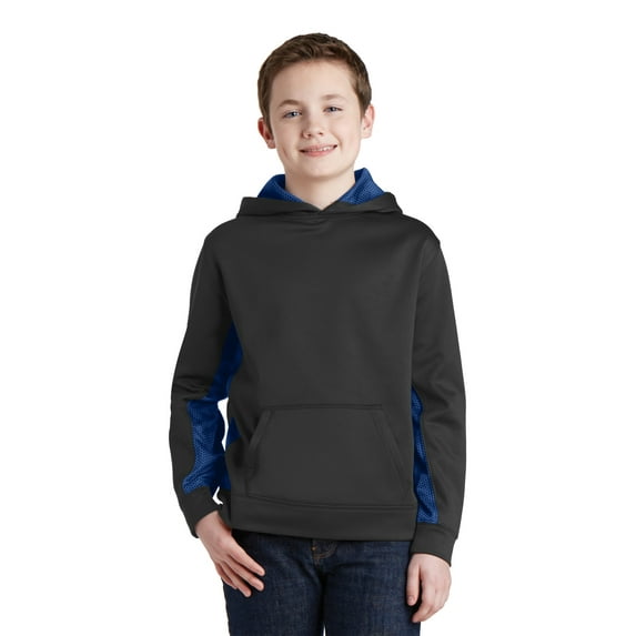 Sport-Tek Youth Sport Wick CamoHex Fleece Colorblock Hooded Pullover-S (Black/ True Royal)