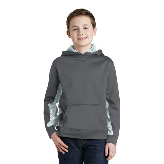Sport-Tek Youth Sport Wick CamoHex Fleece Colorblock Hooded Pullover-S (Dark Smoke Grey/ White)