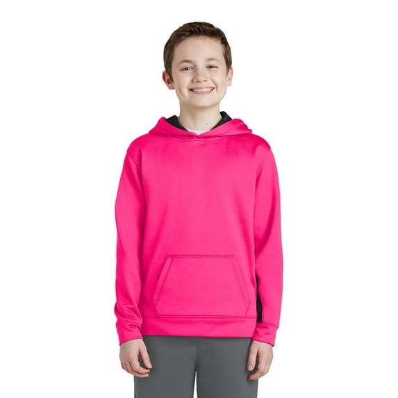 Sport-Tek Youth Sport Wick Fleece Colorblock Hooded Pullover-M (Neon Pink/ Black)