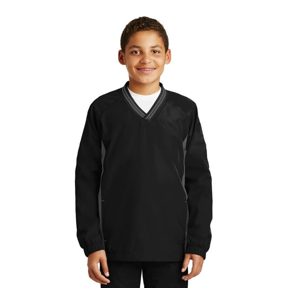 Sport-Tek Youth Tipped V Neck Raglan Wind Shirt-XS (Black/ Graphite Grey)