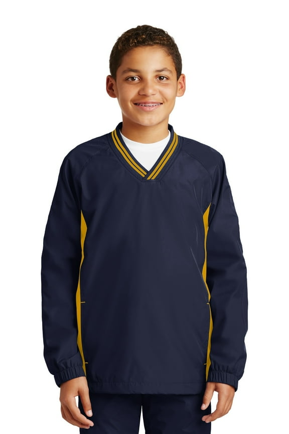Youth Tipped V Neck Raglan Wind Shirt-XS (True Navy/Gold)