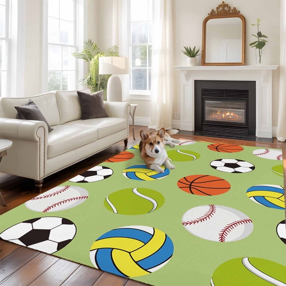 Sport Theme Large Area Rugs 5x8 ft Baseball Soccer Basketball Tennis Green Modern Art Washable Rug Non Slip Indoor Carpet Absorbent Floor Mat for Living Room Bedroom Dining Room