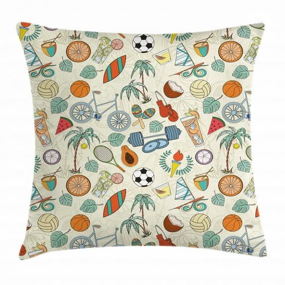 Sport Throw Pillow Cushion Cover, Sports Themed Abstract Cartoon Style Icons Bike Balls Olympic Flame Weight Gloves, Decorative Square Accent Pillow Case, 20 X 20 Inches, Multicolor, by Ambesonne