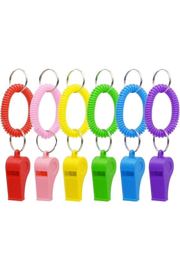 Sport Whistle with Bracelet 6pcs Loud Clear Plastic Whistles with Stretchable Coil Wrist Keychain Ring for Coaches Referees School Soccer Christmas Birthday Party Gift Survival Emergency Training