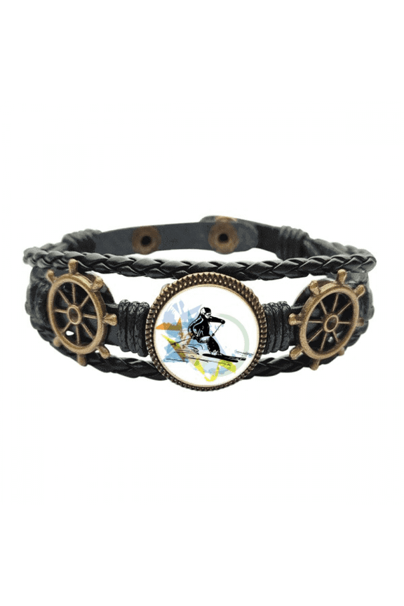 Sport Winter Athletes Freestyle Skiing Watercolor Leather Braided Ocean Bracelet Wristband