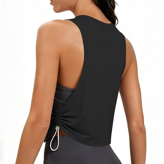 Sport Yoga Tank Tops for Women Cropped Sleeveless Athletic Shirts Large Armhole Ruched Gym Running tshirt( Black, M )