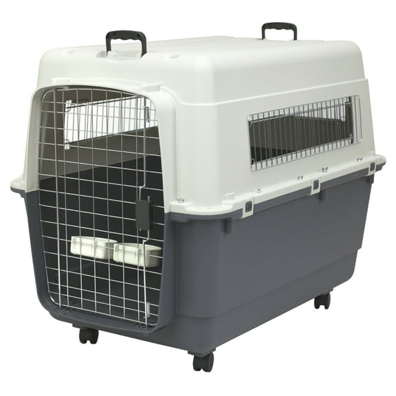 SportPet Designs Plastic Kennel for Dogs, Wire Door, IATA Airline Approved, Travel Crate, With Wheels, Gray, Extra Extra Large, 40" L x 27" W x 30" H