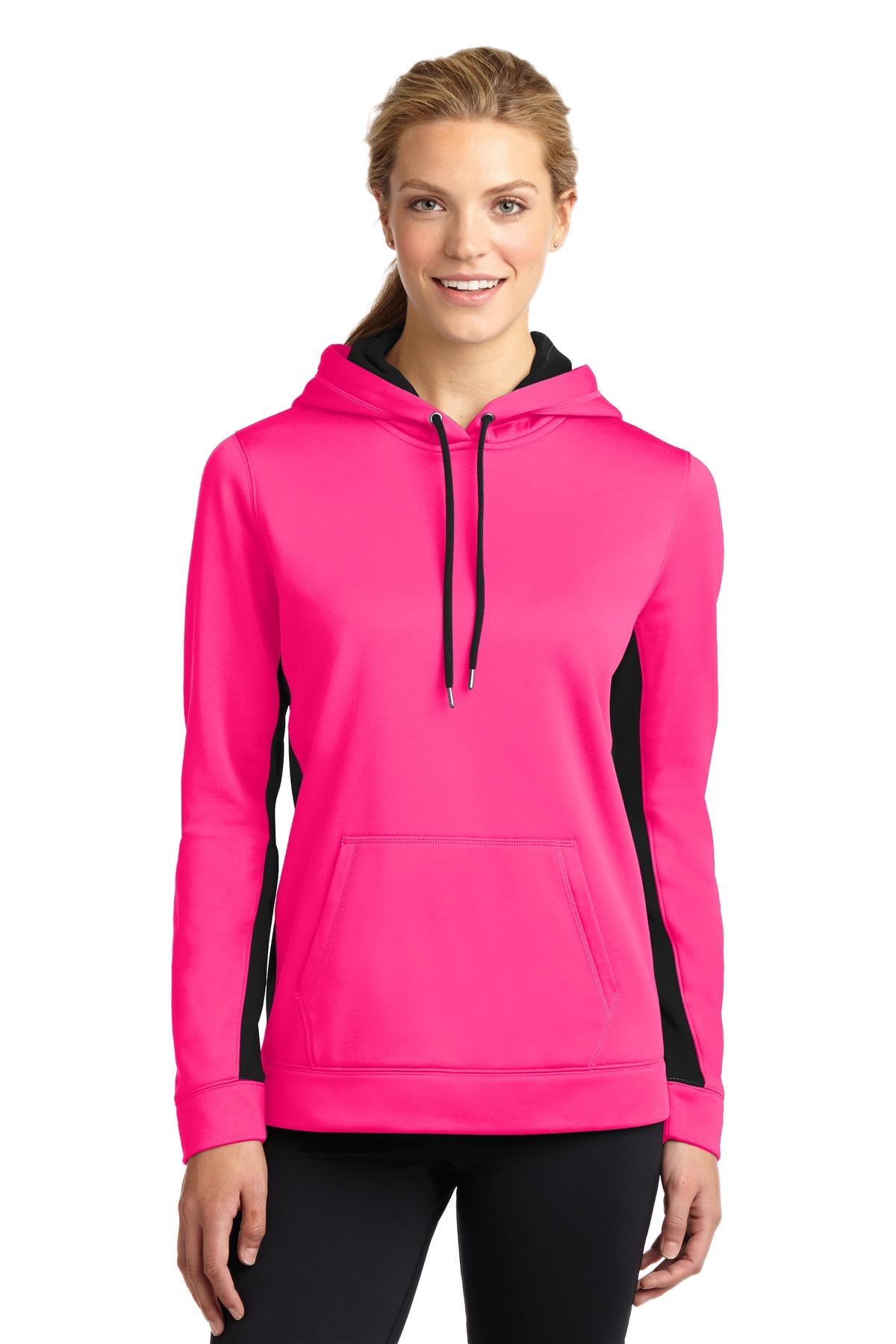Sport Tek LST235 Ladies Sport Wick Fleece Colorblock Hooded Pullover Neon Pink Black XL