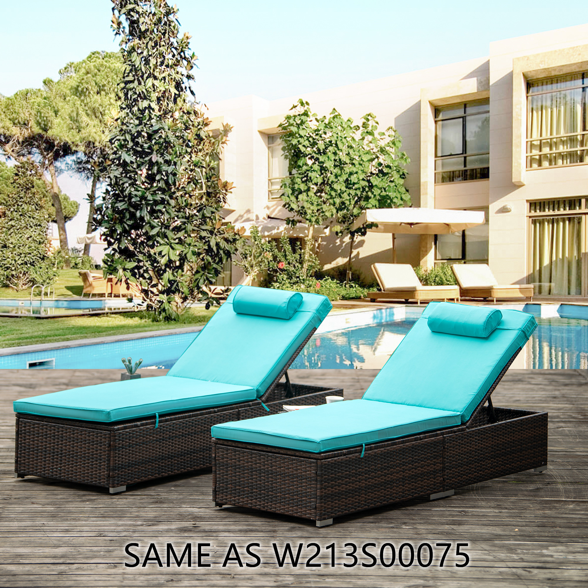 Sportaza SAME AS W213S00075: Outdoor PE Lounge - 2 Piece Patio Brown Rattan Reclining Chair Furniture Set Beach Pool Adjustable Backrest Recliners with Side Table and Comfort Head Pillow - image 1 of 7