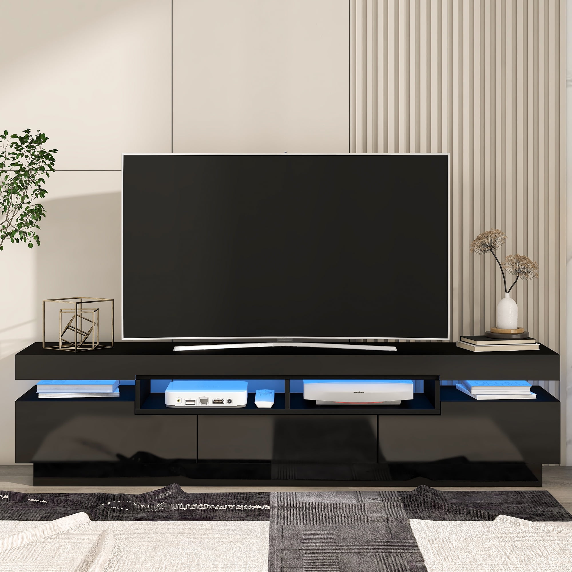 Sportaza TV Stand with 4 Open Shelves, Modern High Gloss Entertainment