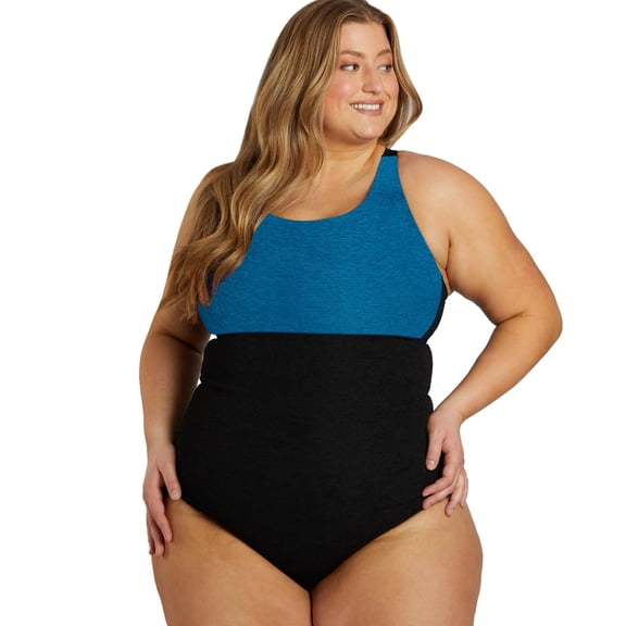Sporti Sporti Plus Size Textured Chlorine Resistant One Piece, High Cut, Soft Cup (Women’s Plus)