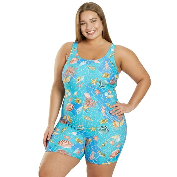 Sporti Sporti Plus Size Caribbean Sea Conservative Printed Girl Leg One Piece Swimsuit, High Cut, Athletic, Removable Cup (Women's Plus)