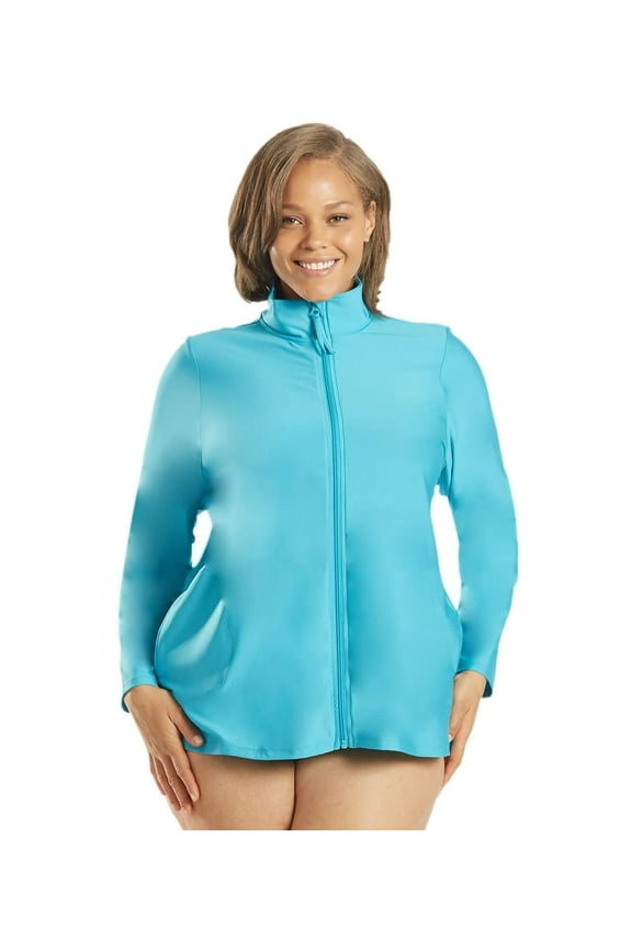Women's Plus Size L/S Zip Front UPF 50+ Rash Guard, Crew Neck, Long Sleeve (Women's Plus)