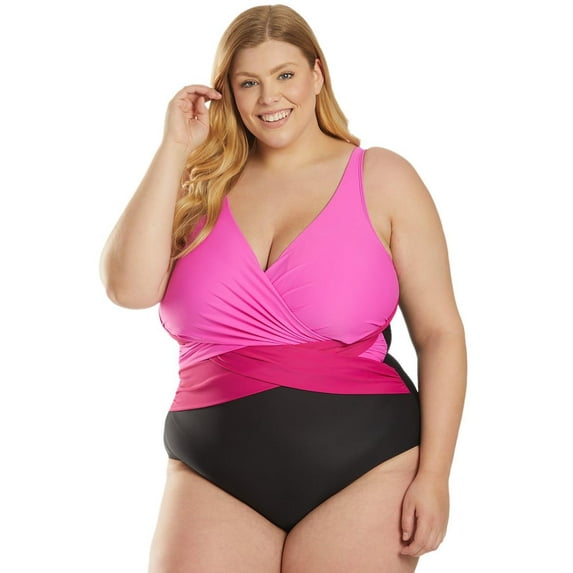 Sporti Plus Size Isabella Tummy Control Wrap One Piece Swimsuit, Soft Cup, Athletic (Women's Plus)