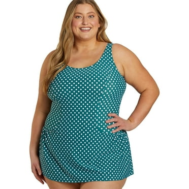 Sporti Plus Size Polka Dot Swim Dress, Lycra Xtra Life, Scoop Neck, Conservative Fit