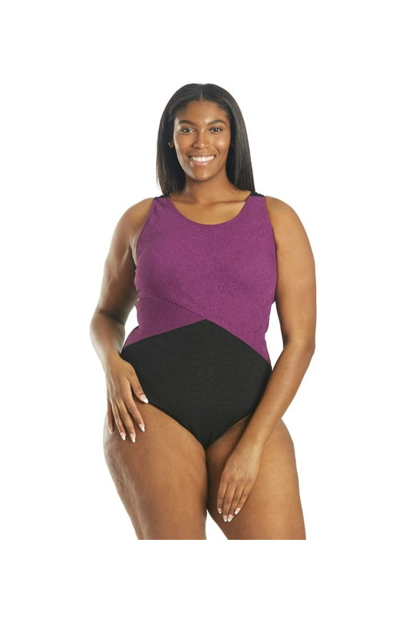 Textured Chlorine Resistance Asymmetric Colorblock One Piece Slimsuit, High Cut, Soft Cup, Athletic (Women’s)