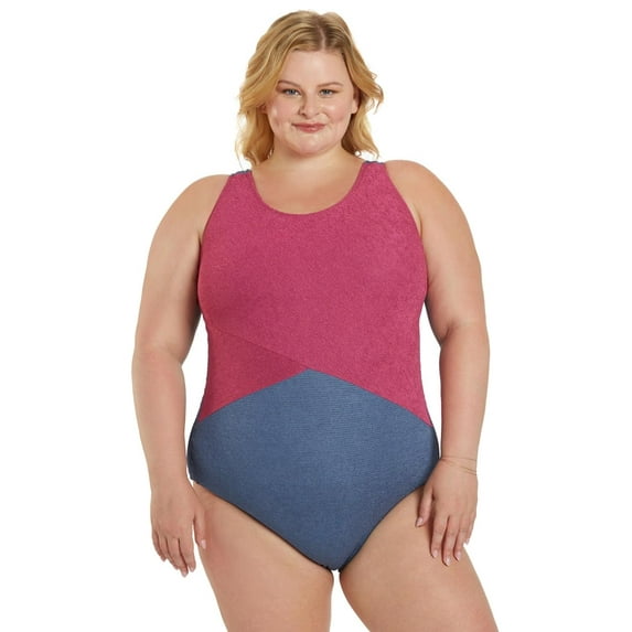Sporti Plus Size Textured Chlorine Resistance One Piece Slimsuit, High Cut, Soft Cup (Women's Plus)