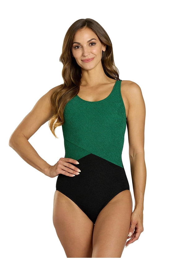 Textured Chlorine Resistance Asymmetric Colorblock One Piece Slimsuit, High Cut, Soft Cup, Athletic (Women’s)