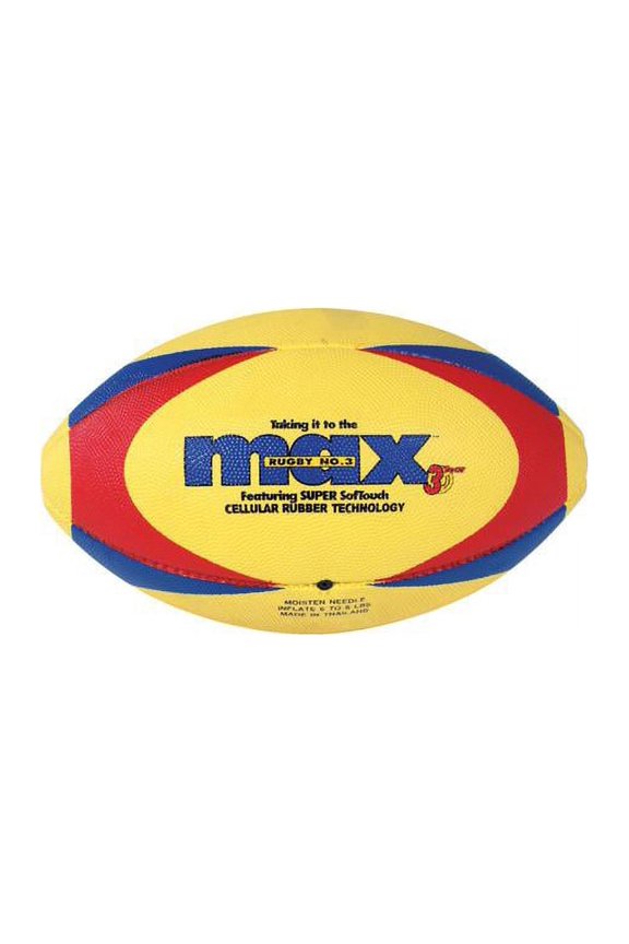 Max ProRubber Rugby Ball, Size 5, Yellow with Red/Blue Pattern